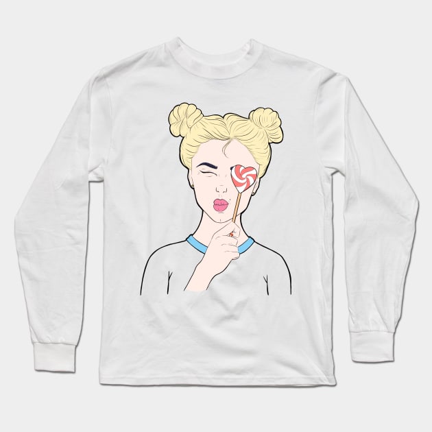 Girl blonde with a heart-shaped lollipop Long Sleeve T-Shirt by Noya_Bur